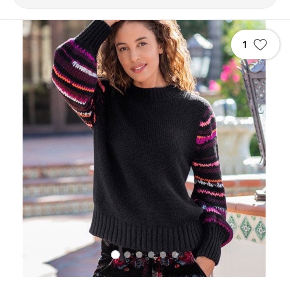 Johnny Was Black Sweater with Multicolor Striped Sleeves